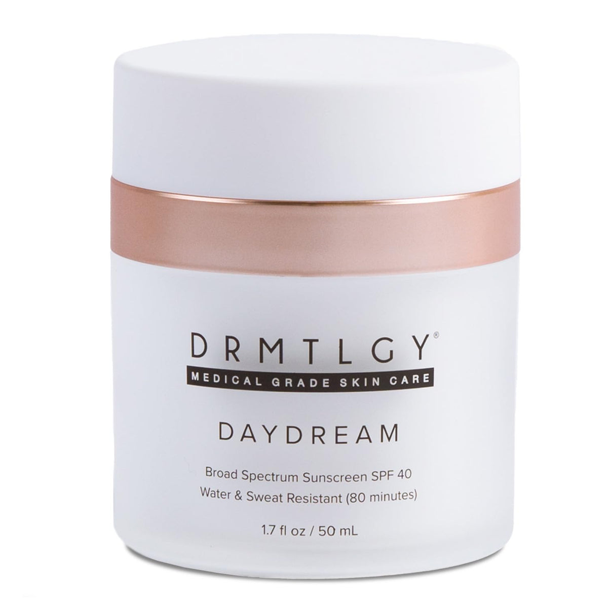 DRMTLGY Day Dream bottle closeup showing SPF 40 hydration for daily skincare.