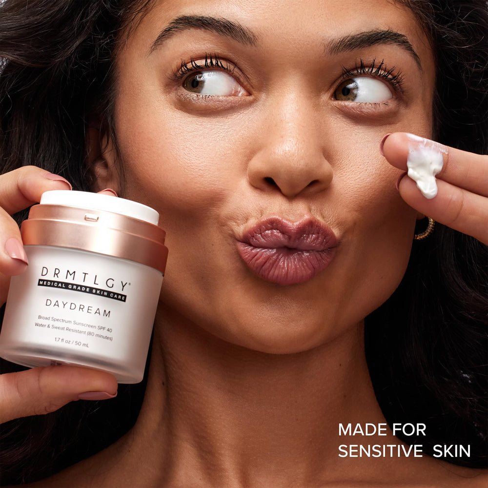 DRMTLGY Day Dream SPF 40 label emphasizes UVA/UVB protection for outdoor activities.