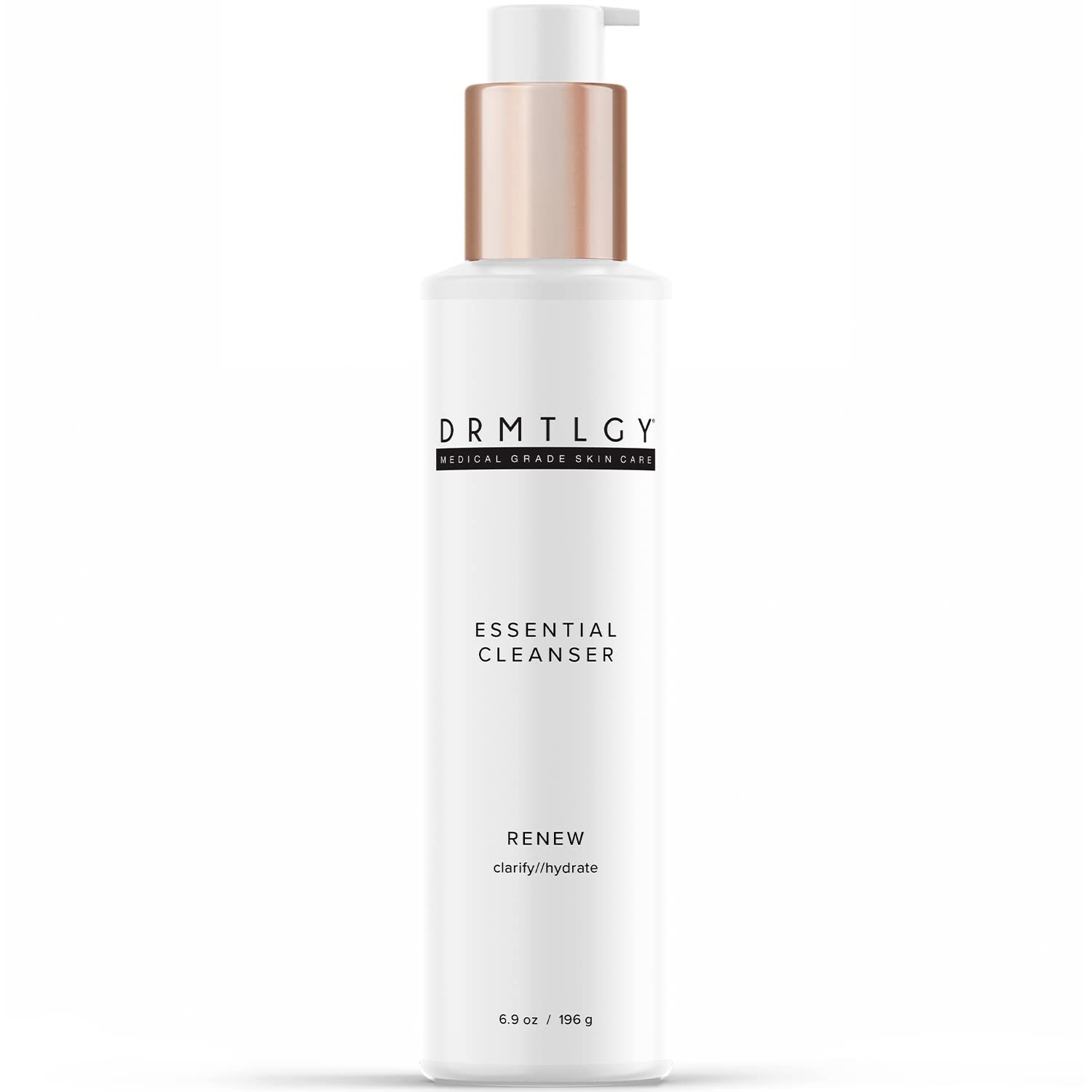DRMTLGY Essential Facial Cleanser bottle closeup highlighting hydrating daily cleansing