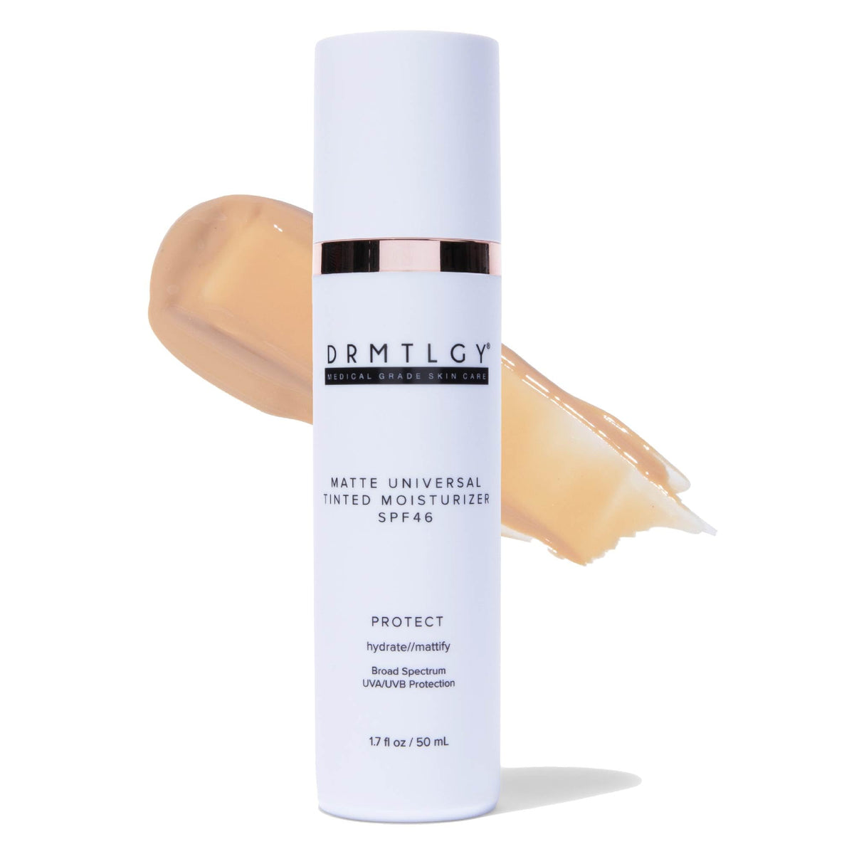 DRMTLGY Matte Tinted Moisturizer SPF 46 bottle-front with natural, sheer coverage.