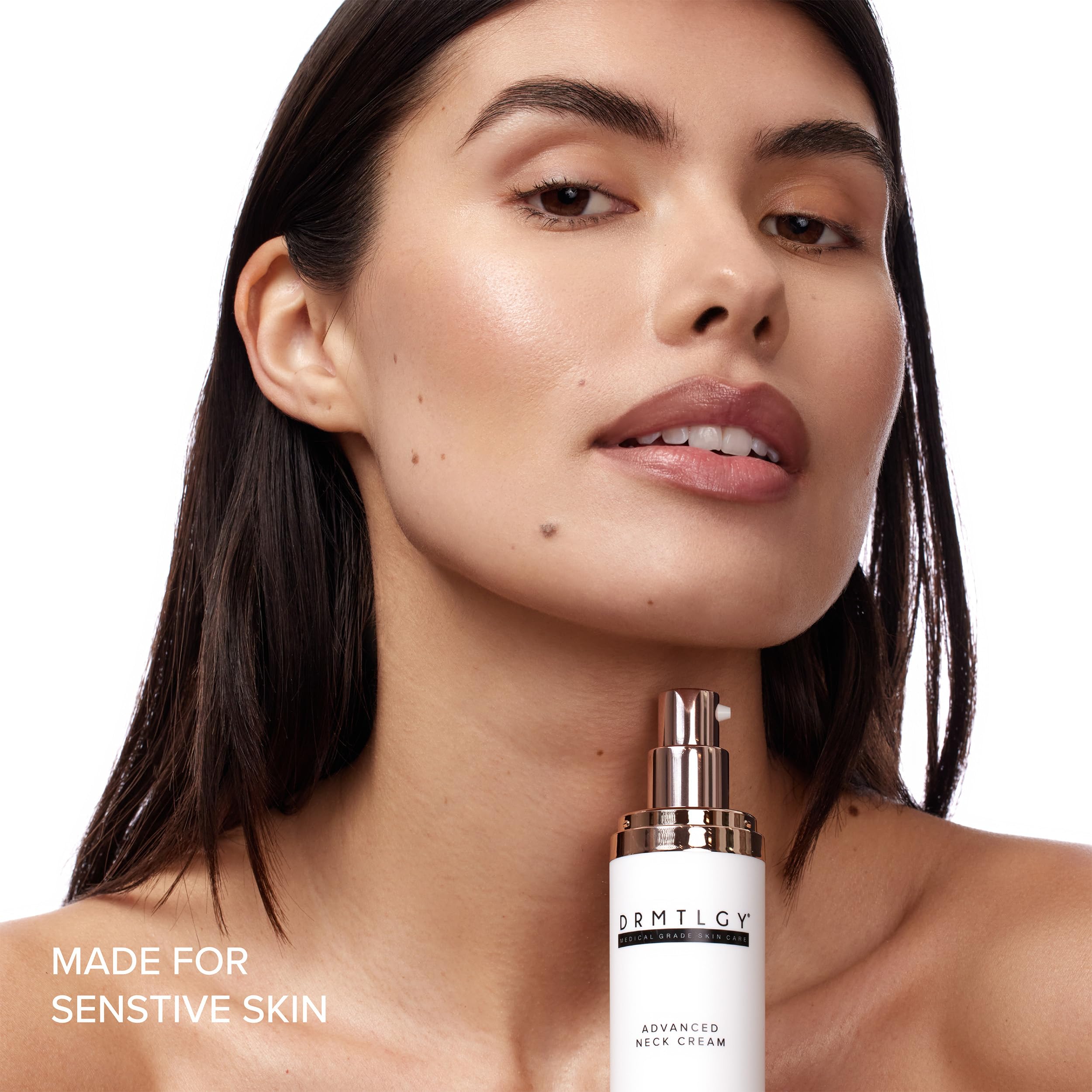 DRMTLGY peptide complex neck cream jar front emphasizes anti-crease support for firmer-looking neck.