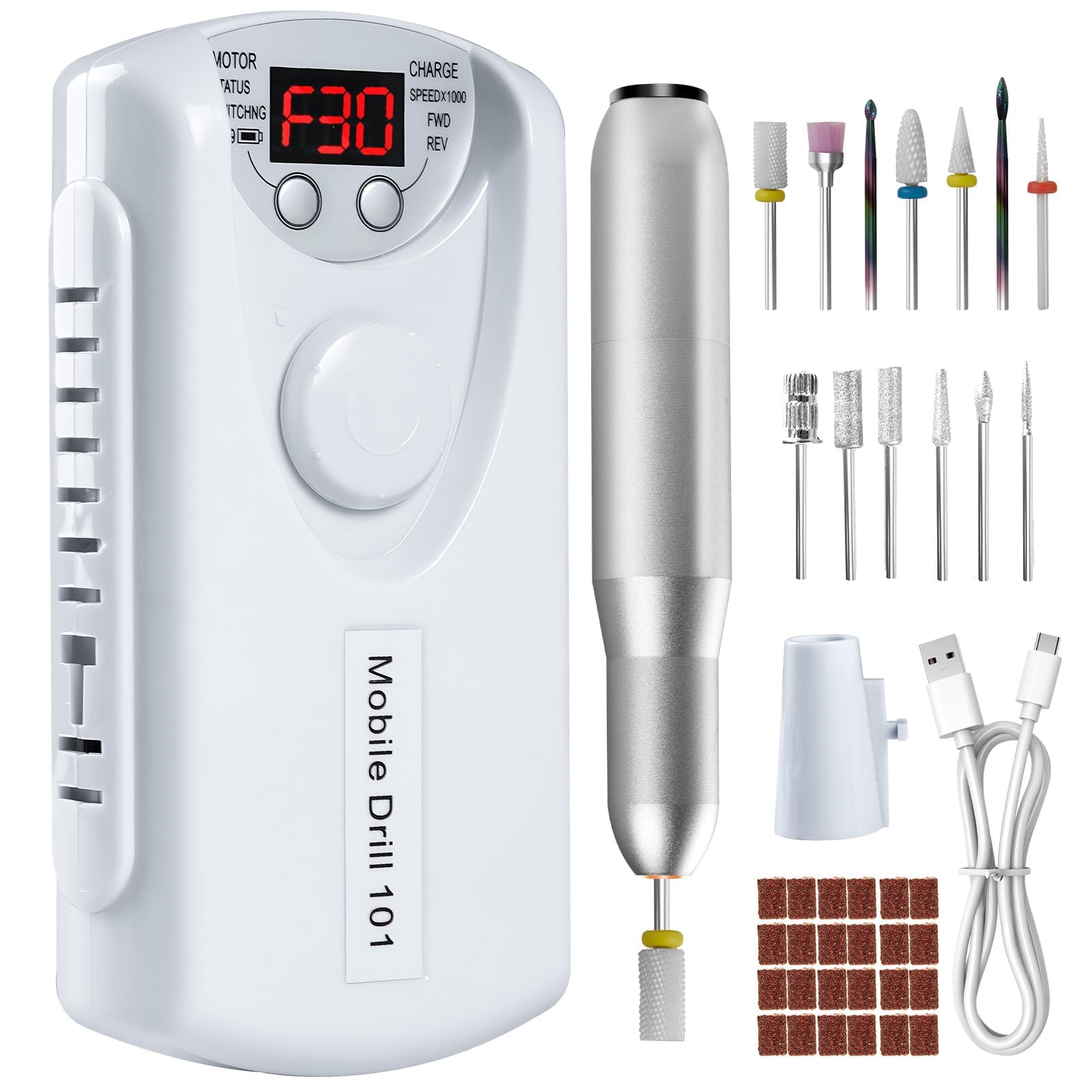 Droyek electric nail drill front view demonstrates portable design for on-the-go nail prep