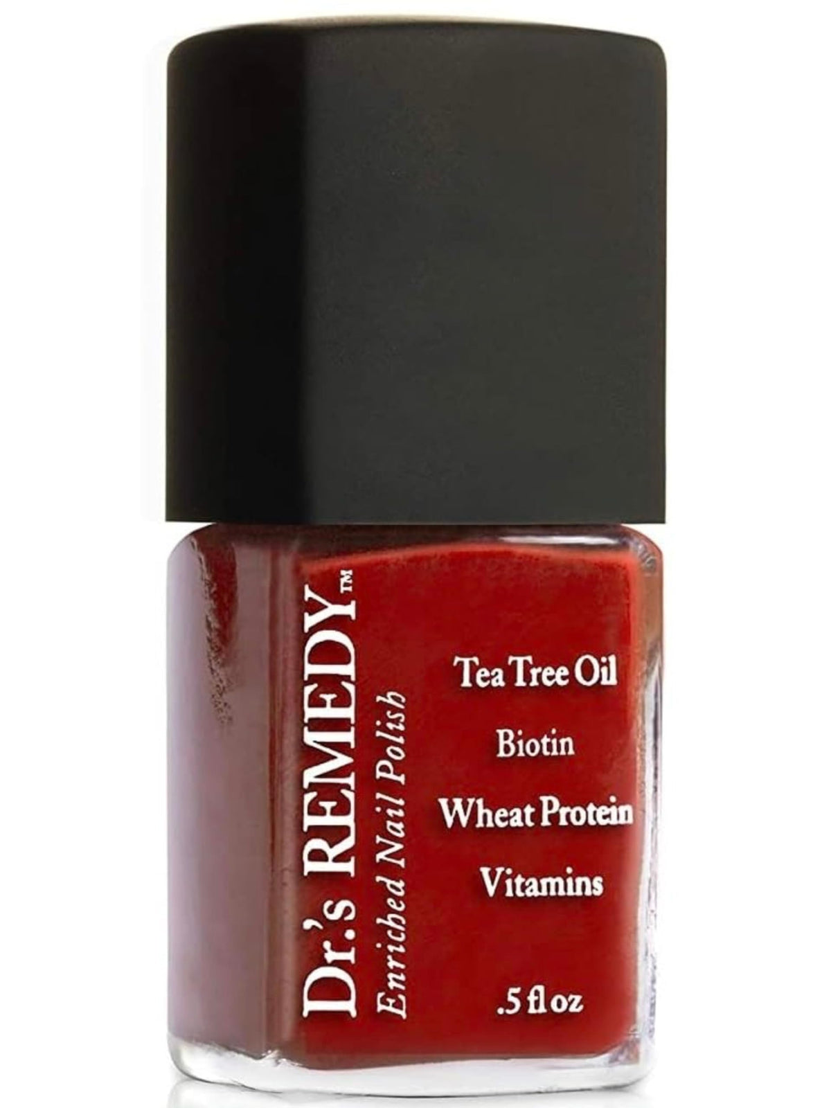 Dr.'s Remedy Rescue Red bottle close-up showcasing non-toxic polish
