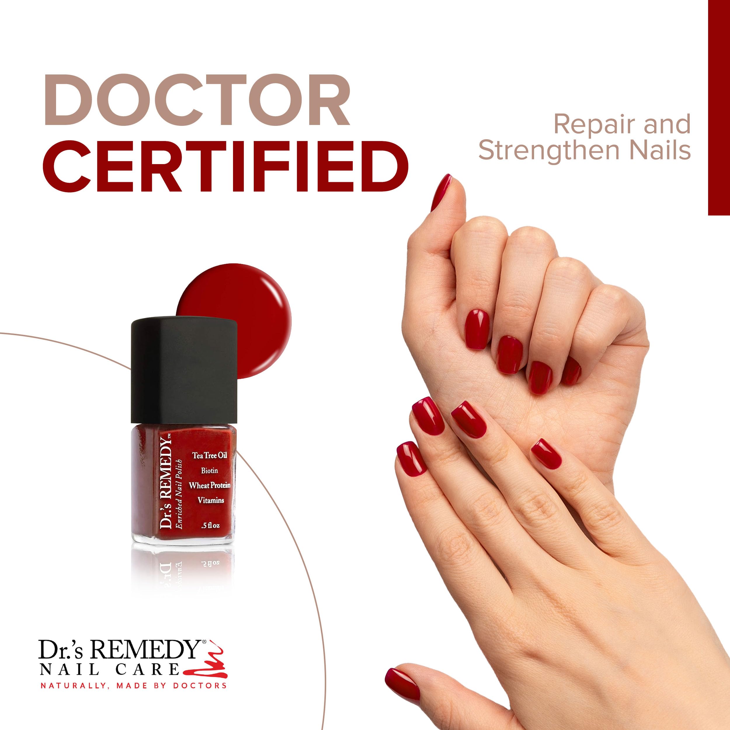 Dr.'s Remedy Rescue Red on nails highlighting quick-dry, long-wear finish