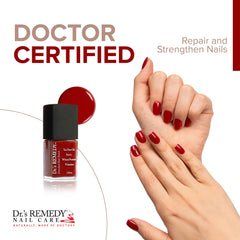 Dr.'s Remedy Rescue Red on nails highlighting quick-dry, long-wear finish