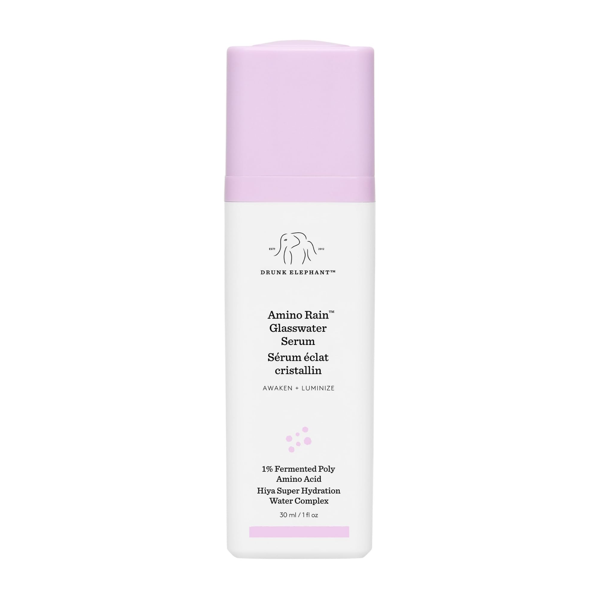 Drunk Elephant Amino Rain Glasswater Serum bottle delivers hydration for a radiant complexion.