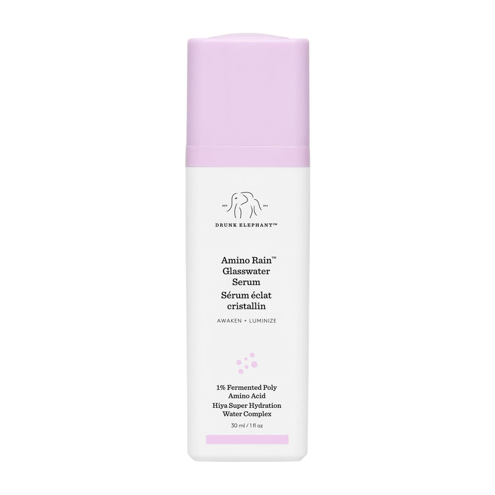 Drunk Elephant Amino Rain Glasswater Serum bottle delivers hydration for a radiant complexion.