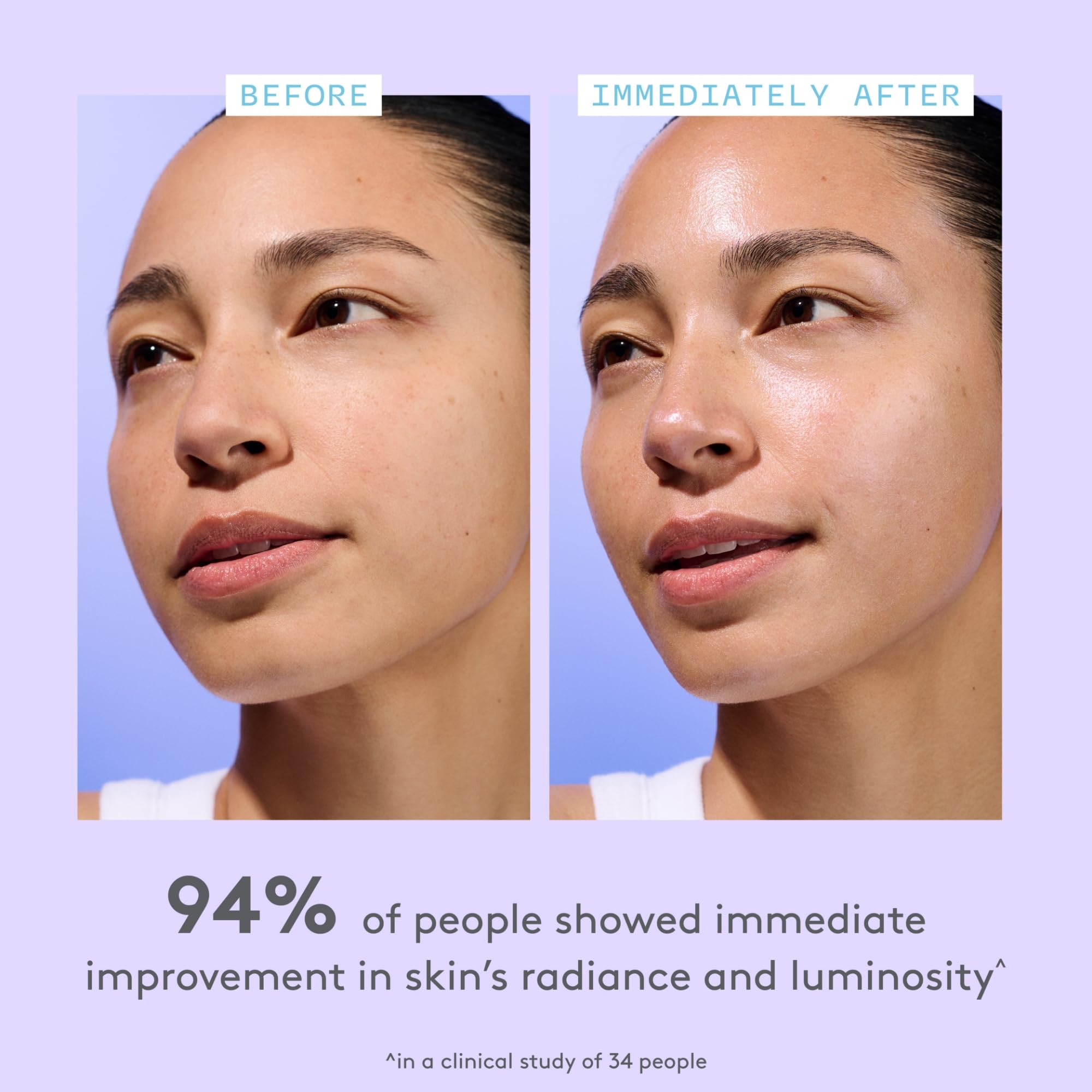Serum on skin demonstrates dewy, glass-like finish and improved luminosity.