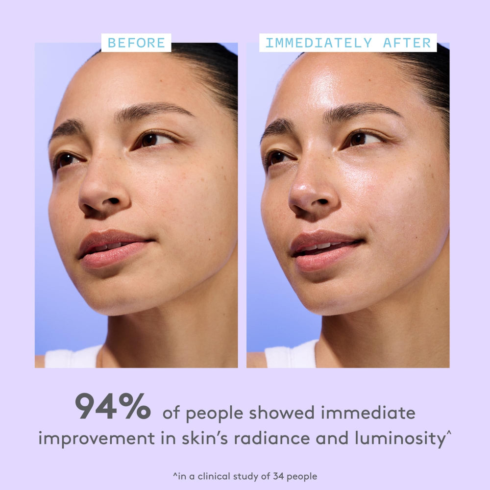 Serum on skin demonstrates dewy, glass-like finish and improved luminosity.