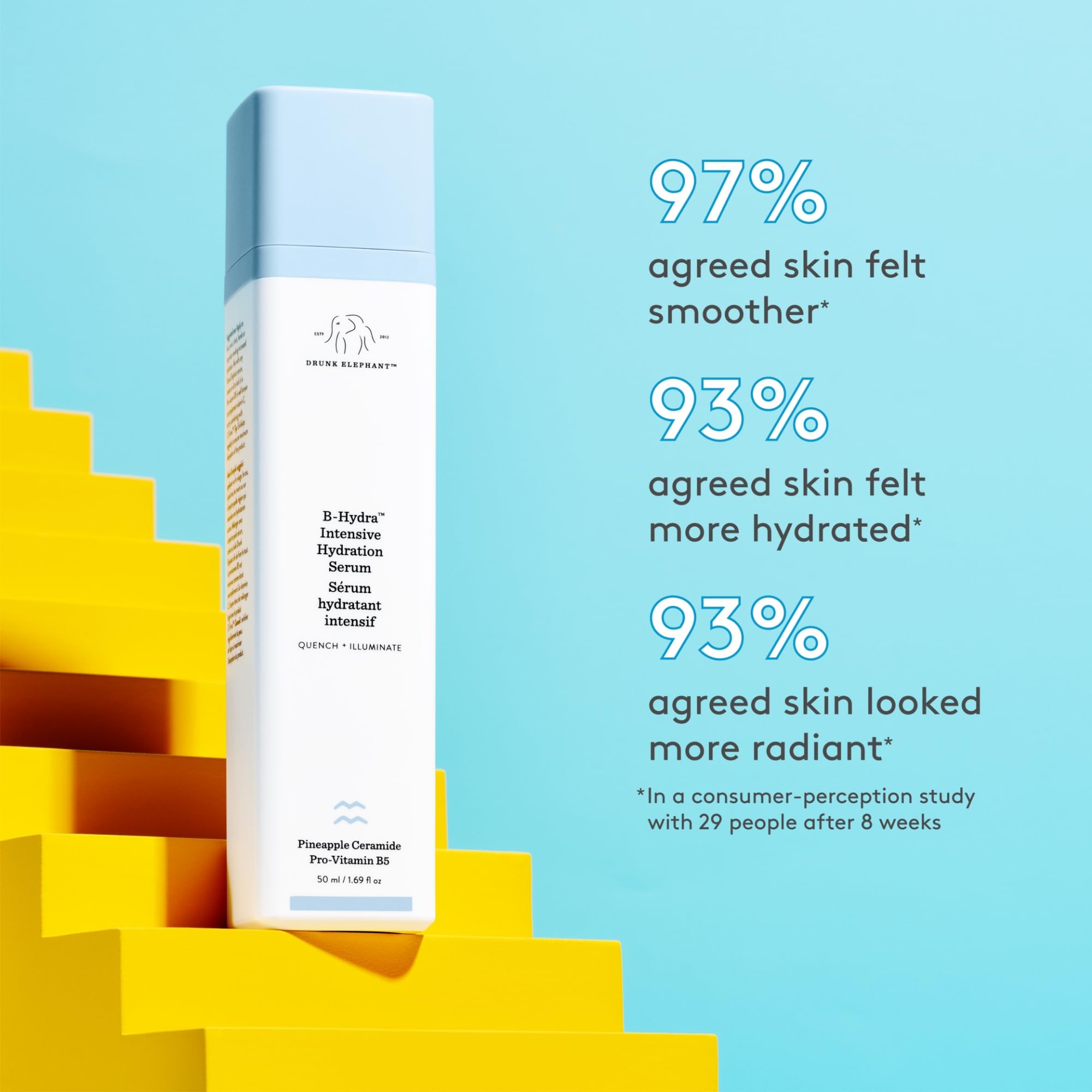 Drunk Elephant B-Hydra serum application pump shown for quick hydration between steps.