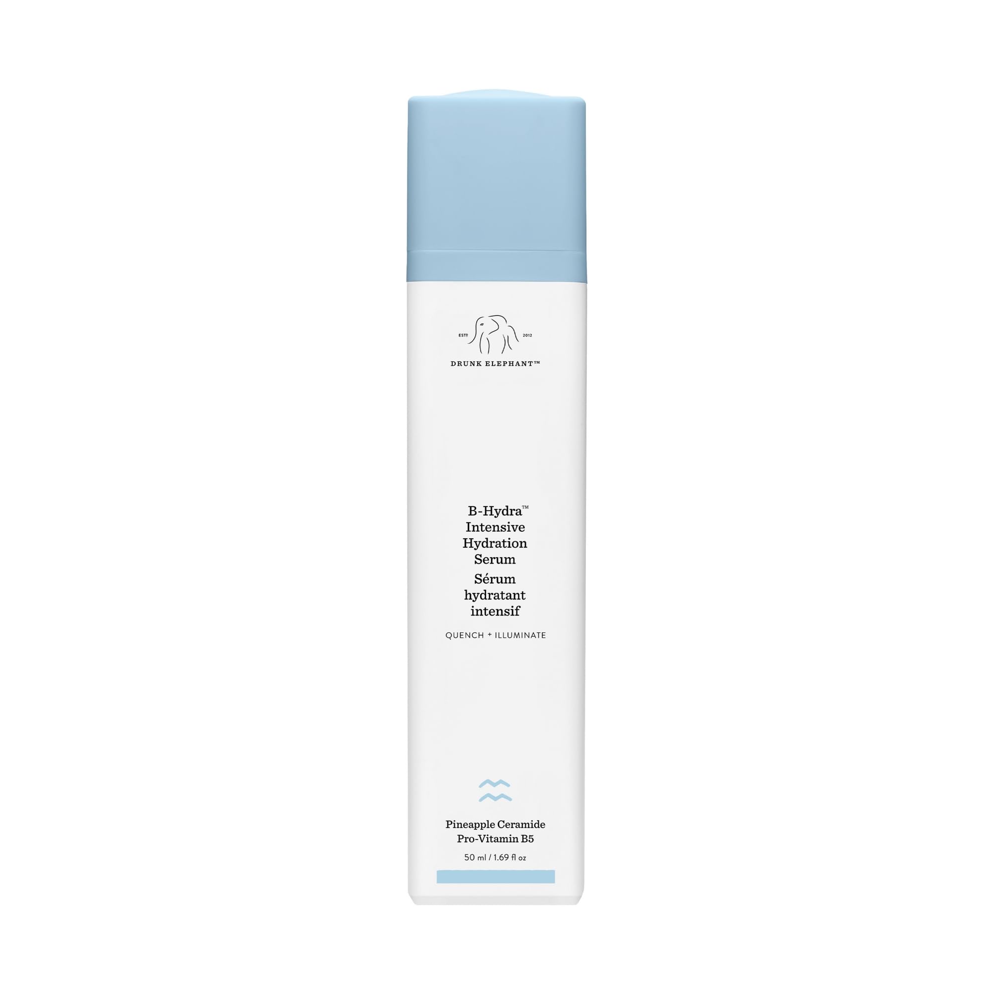 Drunk Elephant B-Hydra serum bottle closeup highlighting the hydrating formula for daily moisture.