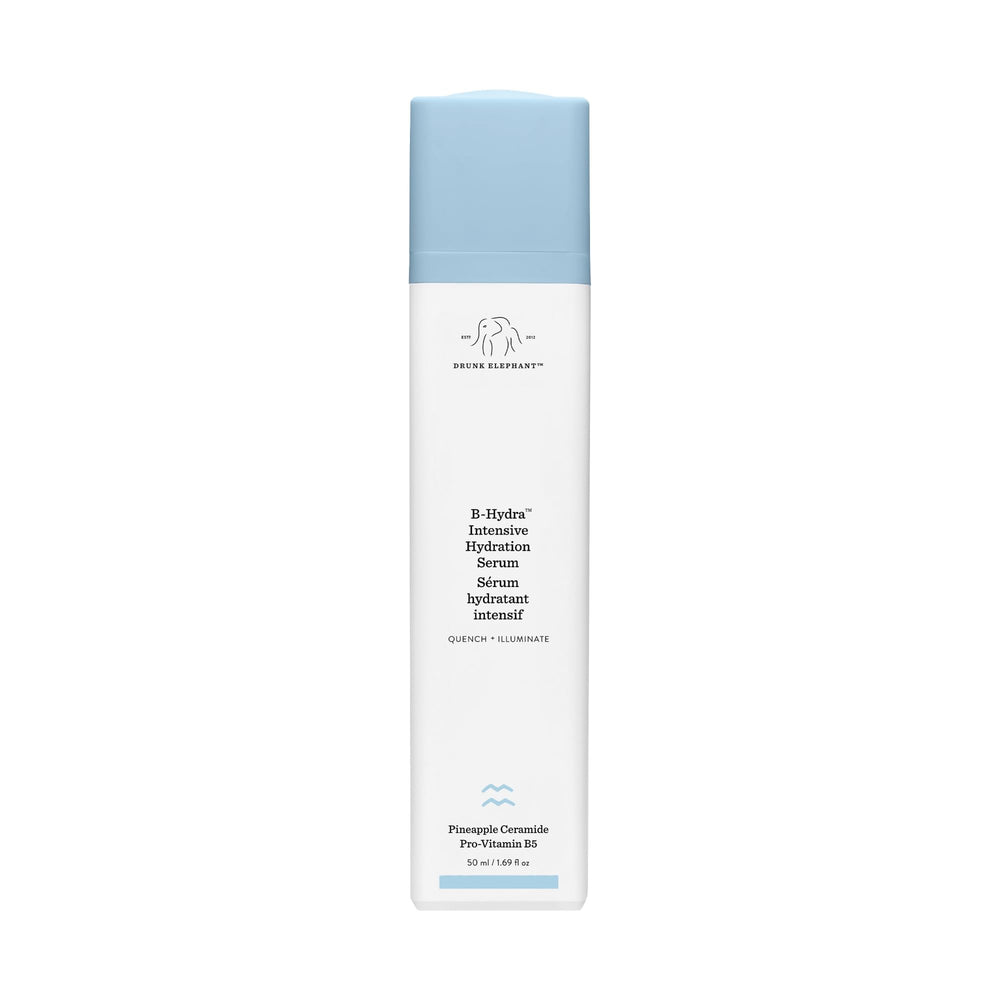 Drunk Elephant B-Hydra serum bottle closeup highlighting the hydrating formula for daily moisture.