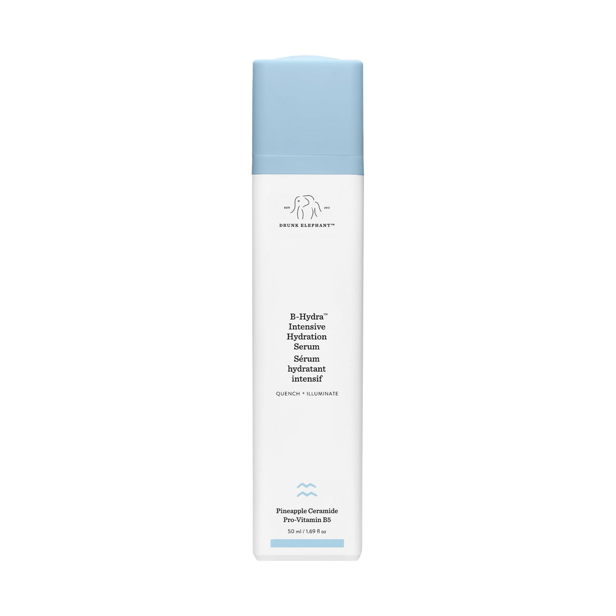 Drunk Elephant B-Hydra serum bottle closeup highlighting the hydrating formula for daily moisture.