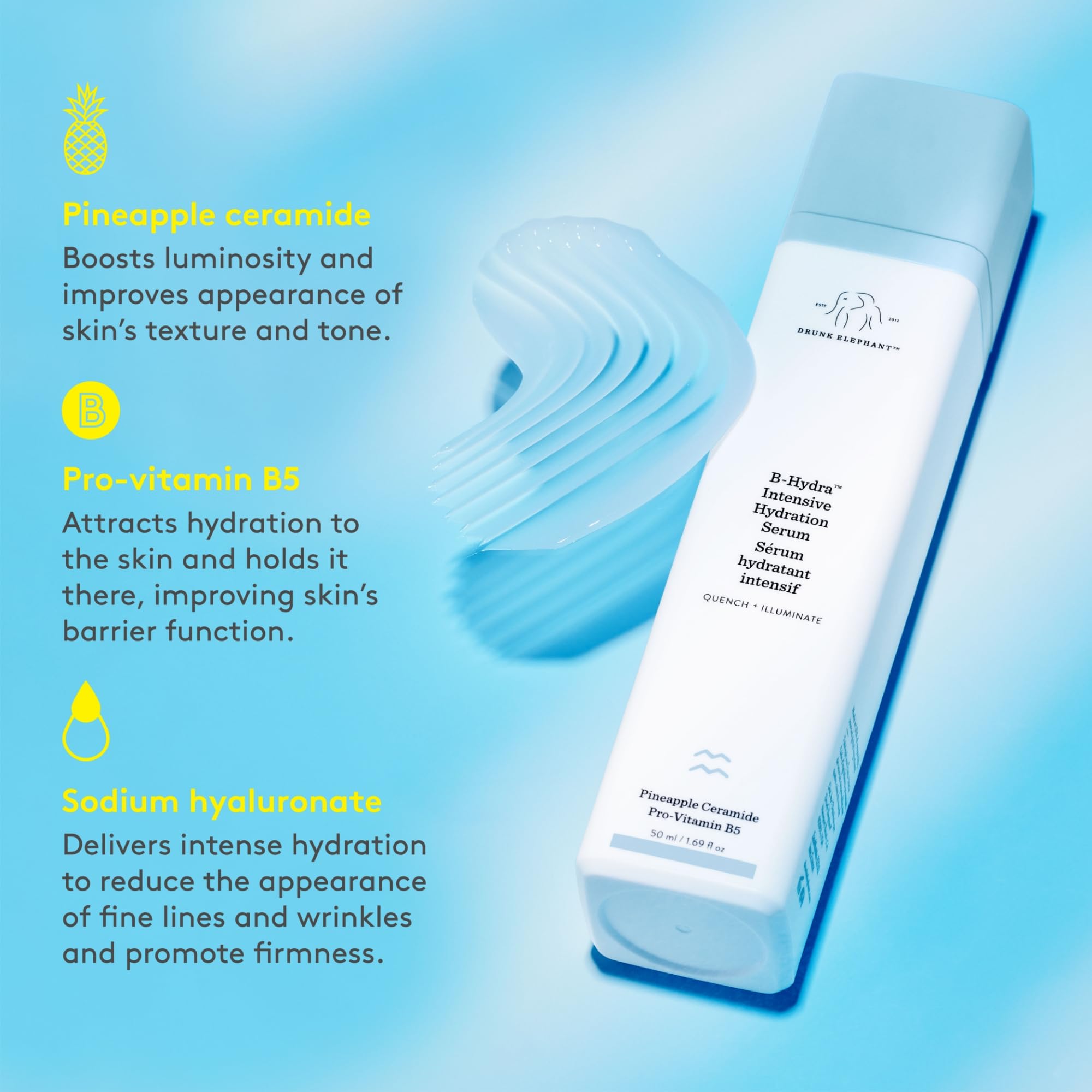 Drunk Elephant B-Hydra packaging emphasizes clean, clinical skincare in a sleek bottle.