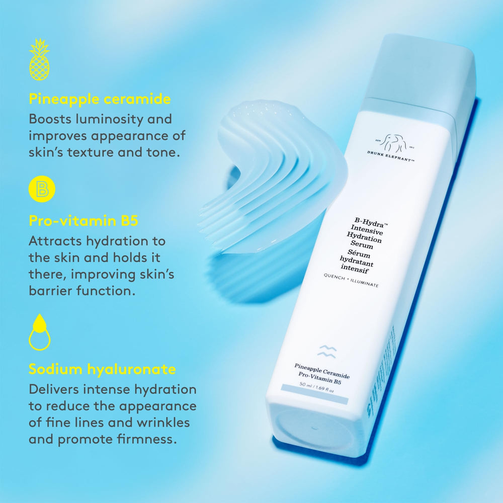 Drunk Elephant B-Hydra packaging emphasizes clean, clinical skincare in a sleek bottle.