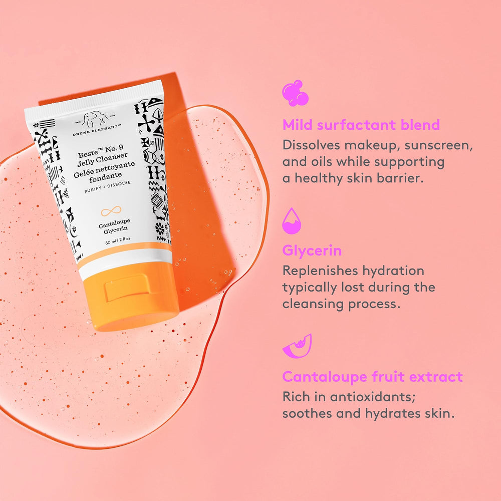 Drunk Elephant Beste No. 9 jelly cleanser ingredients-free label closeup communicates clean beauty.