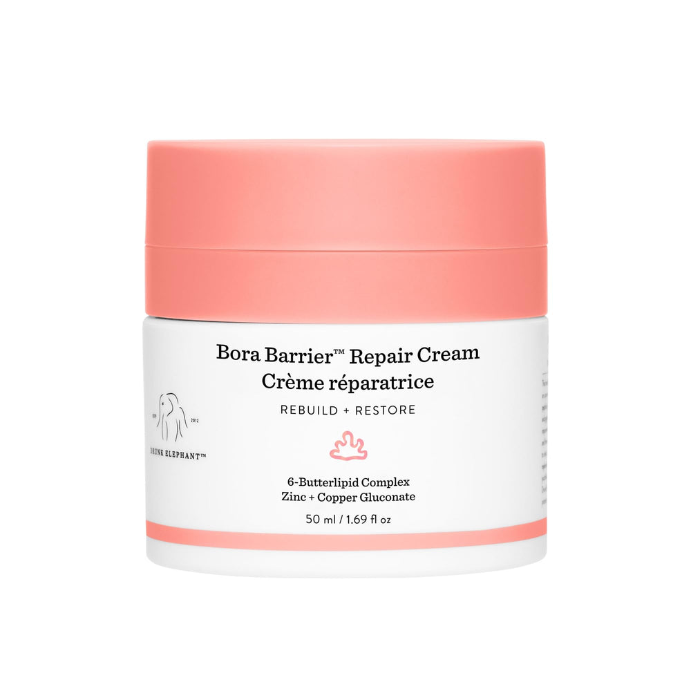 Drunk Elephant Bora Barrier Repair Cream jar close-up showing ultra-rich hydration for dry skin.