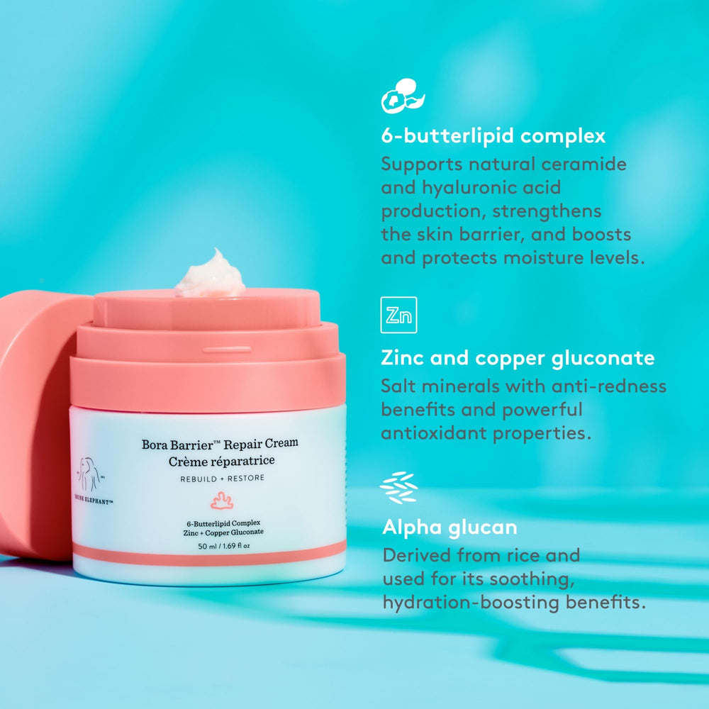 Drunk Elephant Bora Barrier Repair Cream swatch highlights ceramides for barrier support.