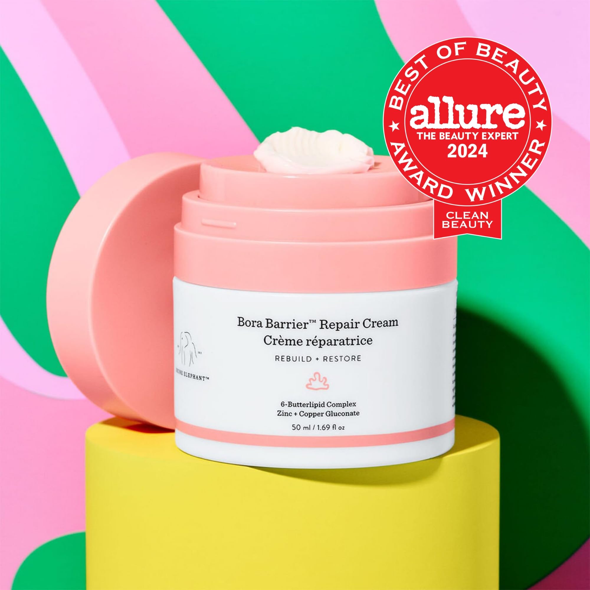 Drunk Elephant Bora Barrier Repair Cream tube image highlighting ceramide-rich barrier support.
