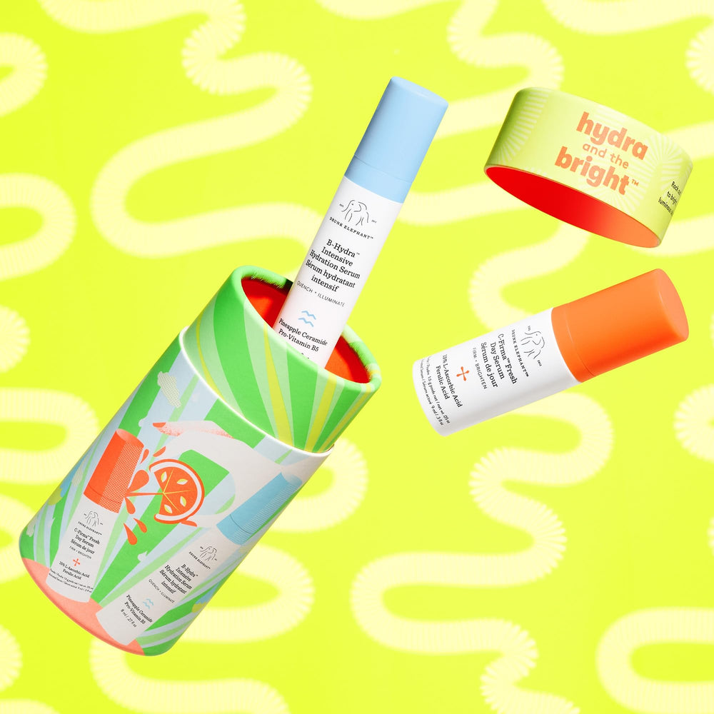 Drunk Elephant logo on packaging signals clean skincare and trust.