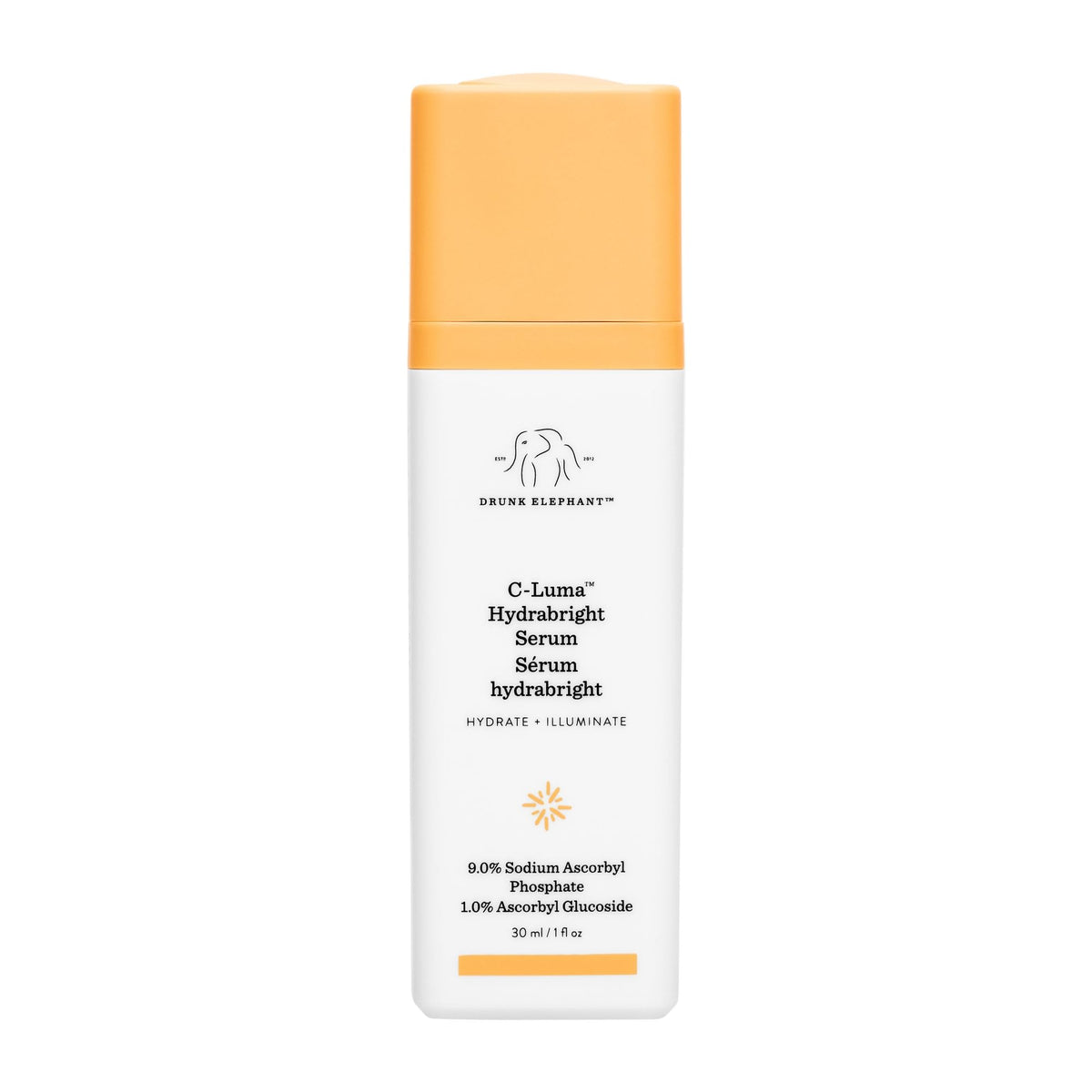 Drunk Elephant C-Luma Hydrabright serum bottle shows brightening and hydrating skin benefits.
