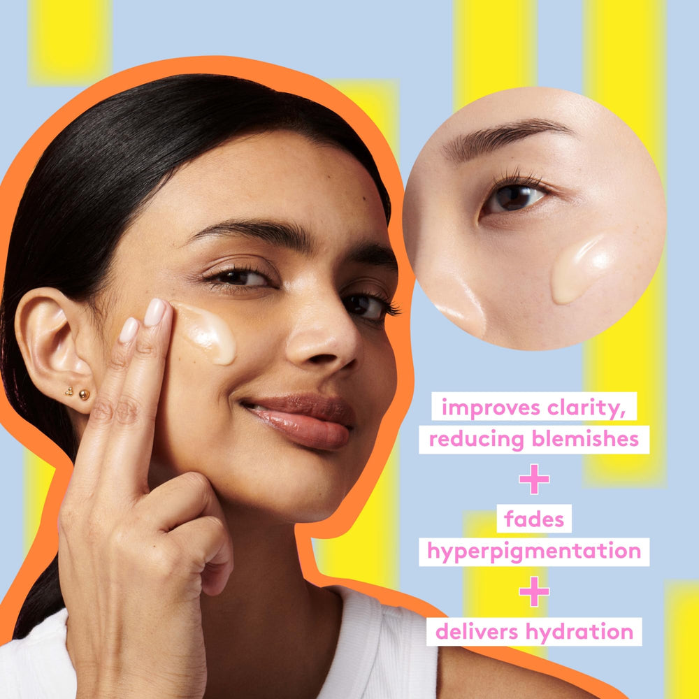 Drunk Elephant C-Luma Hydrabright serum dropper applying vitamin C for glow.