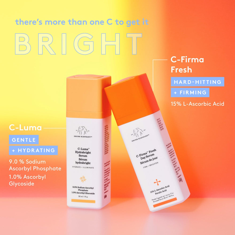 Drunk Elephant C-Luma Hydrabright packaging shown with clean clinical skincare routine.