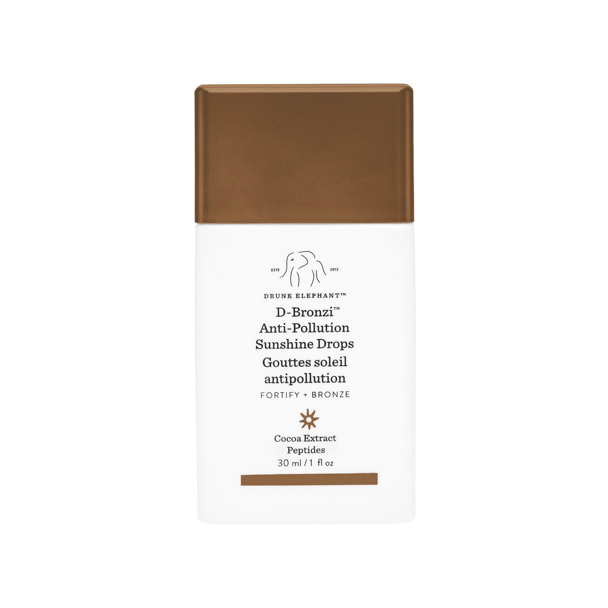 Drunk Elephant D-Bronzi Sunshine Drops bottle front for customizable glow and radiant, sun-kissed skin.