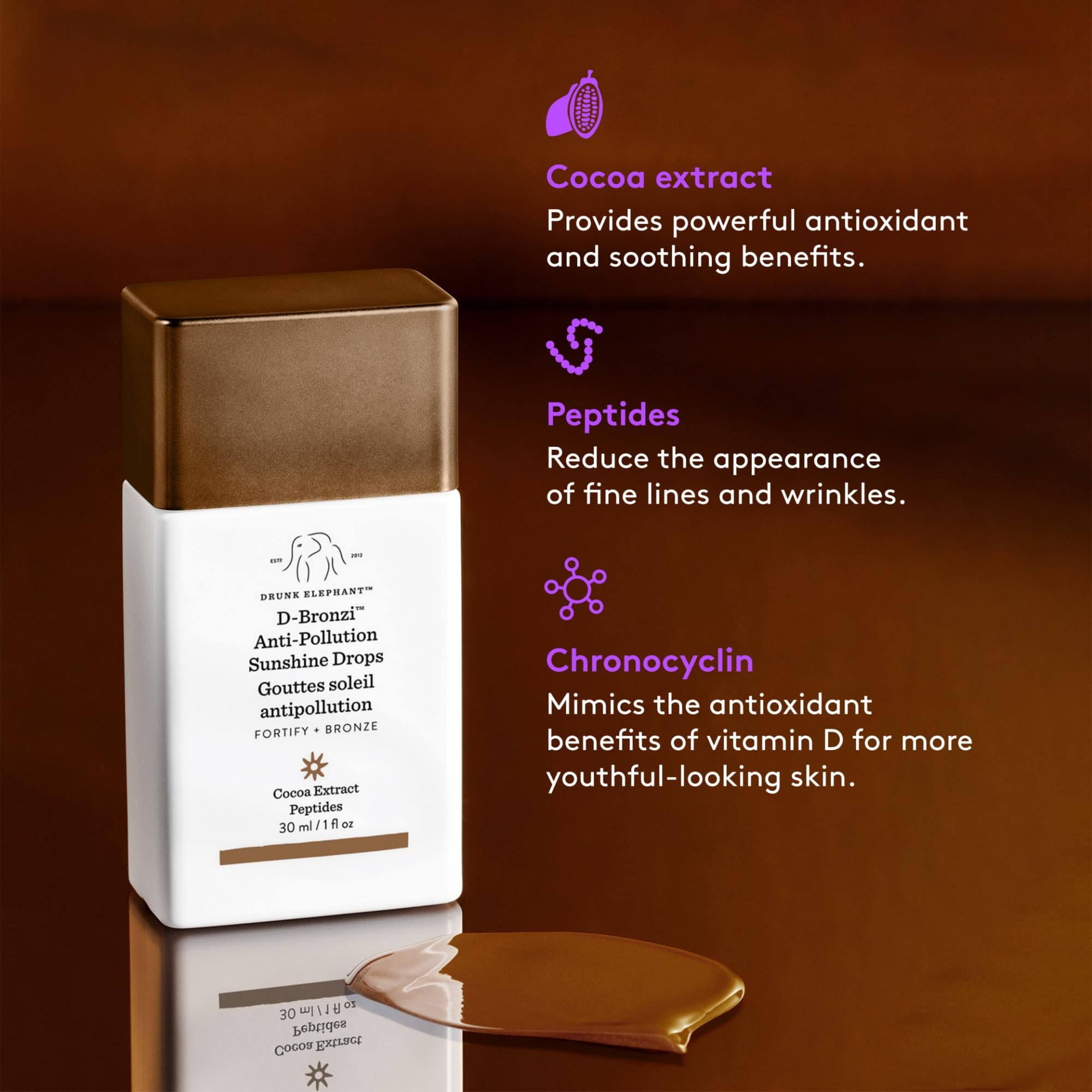 Drunk Elephant D-Bronzi Sunshine Drops with cocoa extract and Matrixyl 3000 for antioxidant support.