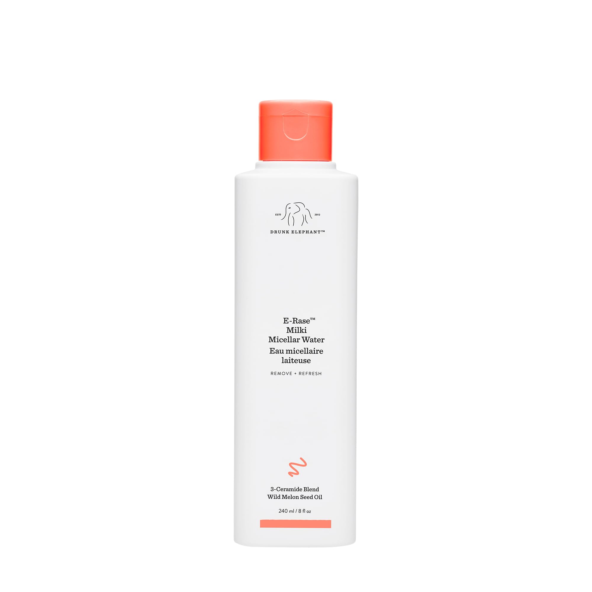Drunk Elephant E-Rase Milki Water bottle pour for gentle makeup removal and skin-nourishing cleansing.