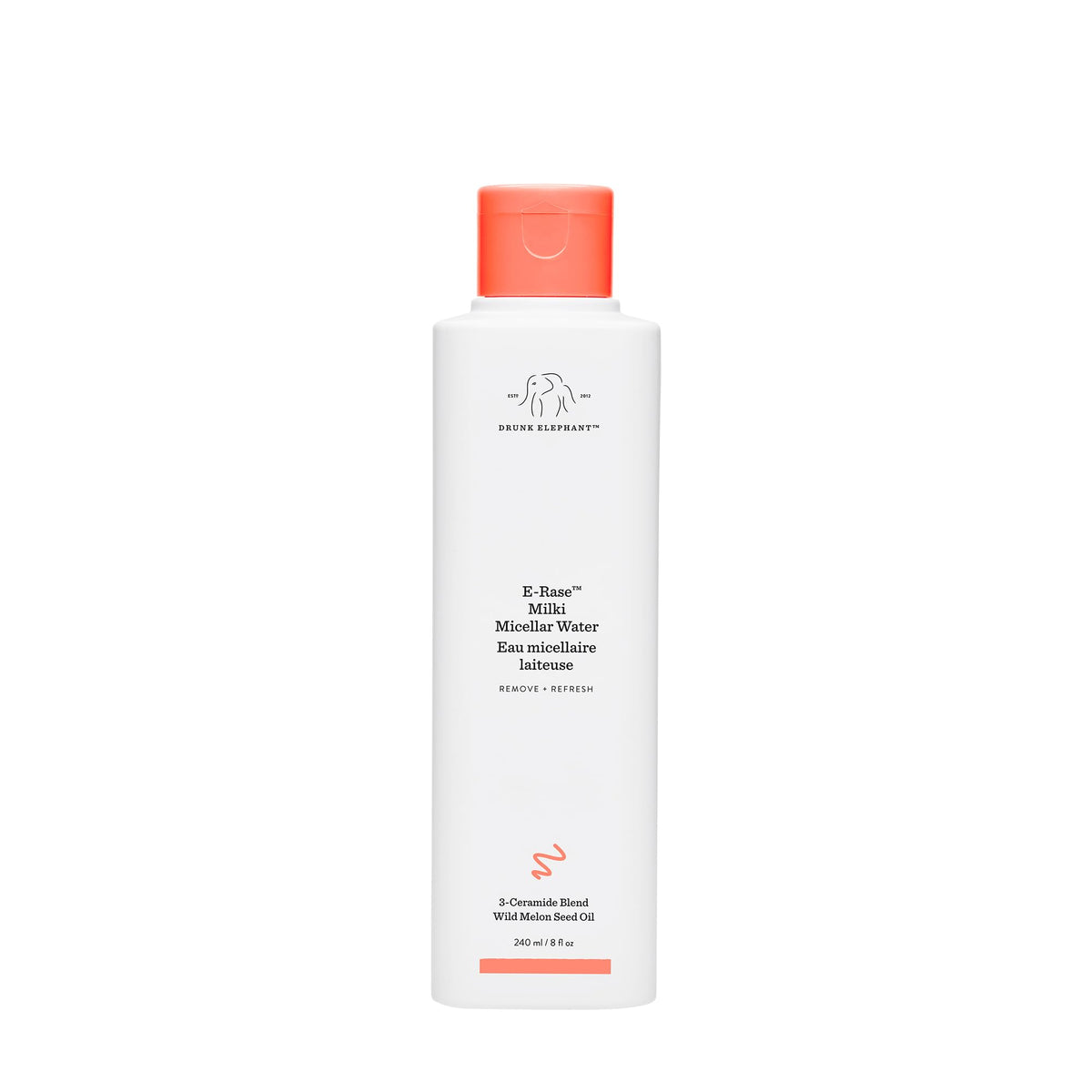 Drunk Elephant E-Rase Milki Water bottle pour for gentle makeup removal and skin-nourishing cleansing.