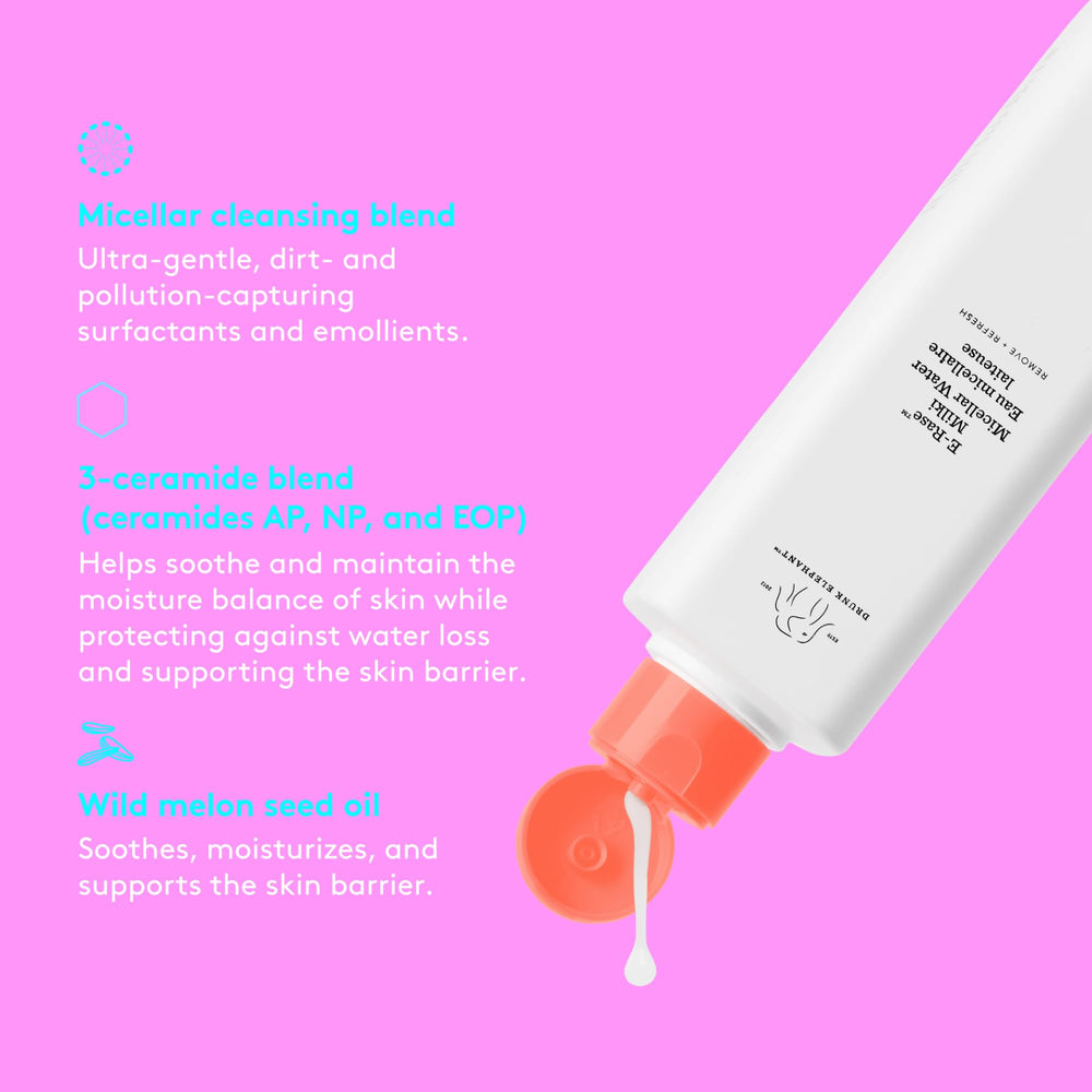 Drunk Elephant E-Rase Milki Water ceramide-rich formulation supports moisture balance.
