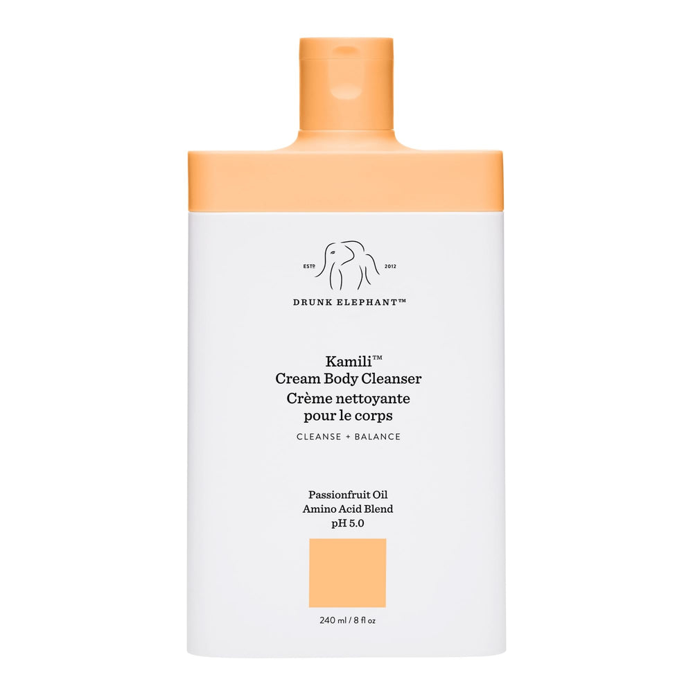 Drunk Elephant Kamili Cream Body Cleanser bottle closeup highlights gentle cleansing for sensitive skin