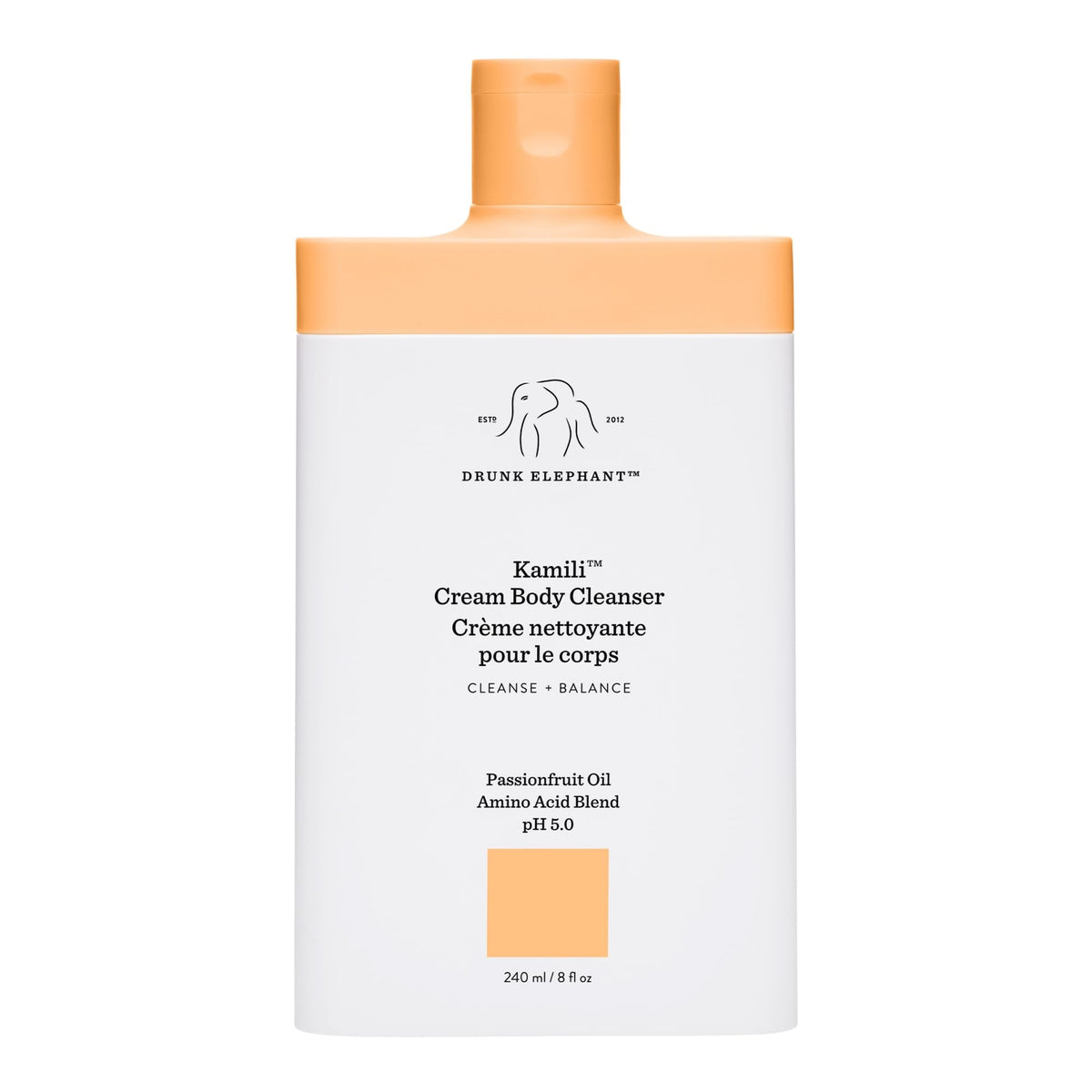 Drunk Elephant Kamili Cream Body Cleanser bottle closeup highlights gentle cleansing for sensitive skin