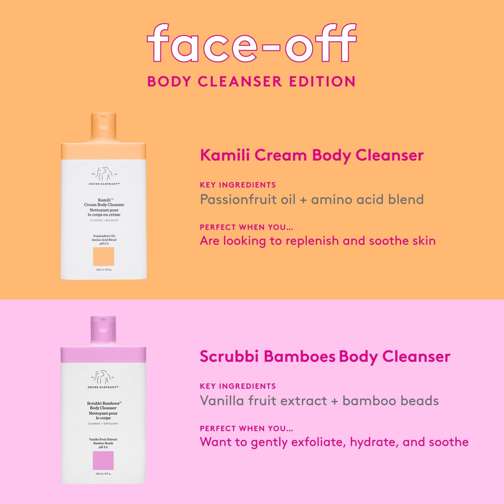 Drunk Elephant Kamili Cream Body Cleanser packaging closeup signals clean clinical skincare cruelty-free
