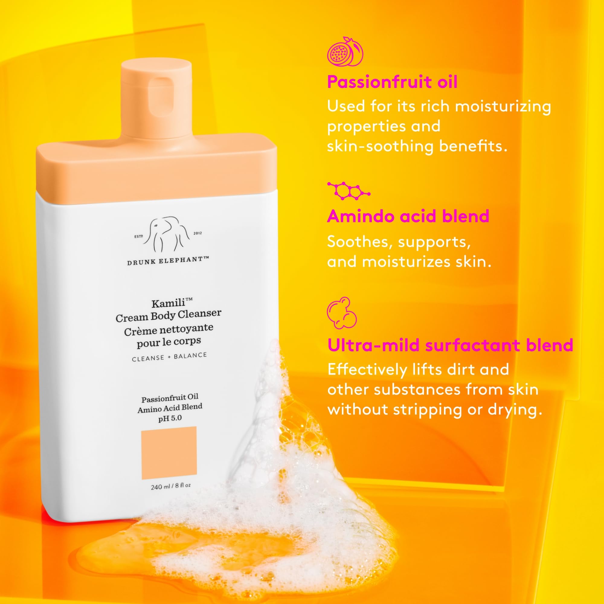 Drunk Elephant Kamili Cream Body Cleanser applying on skin suggests soothing hydration