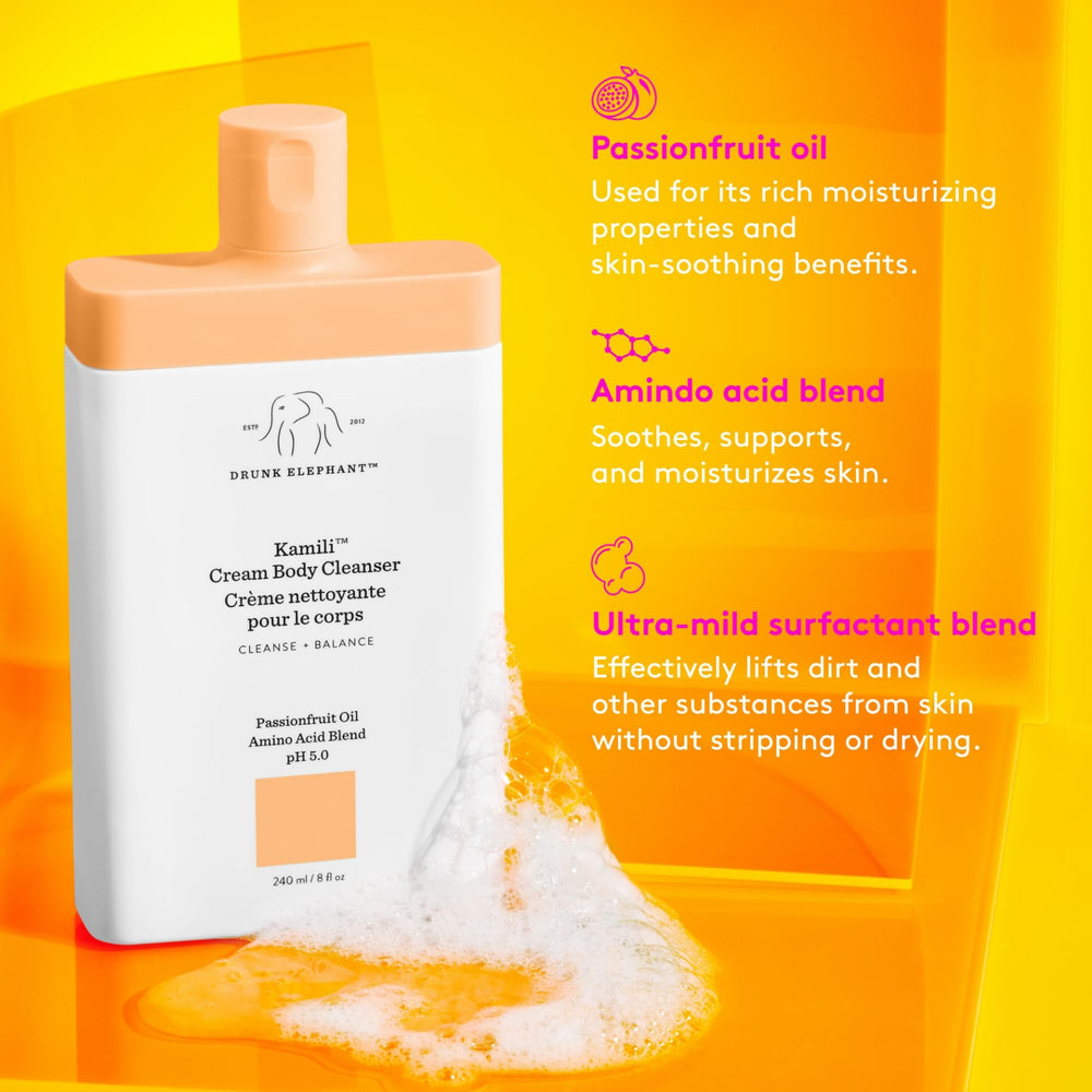 Drunk Elephant Kamili Cream Body Cleanser applying on skin suggests soothing hydration