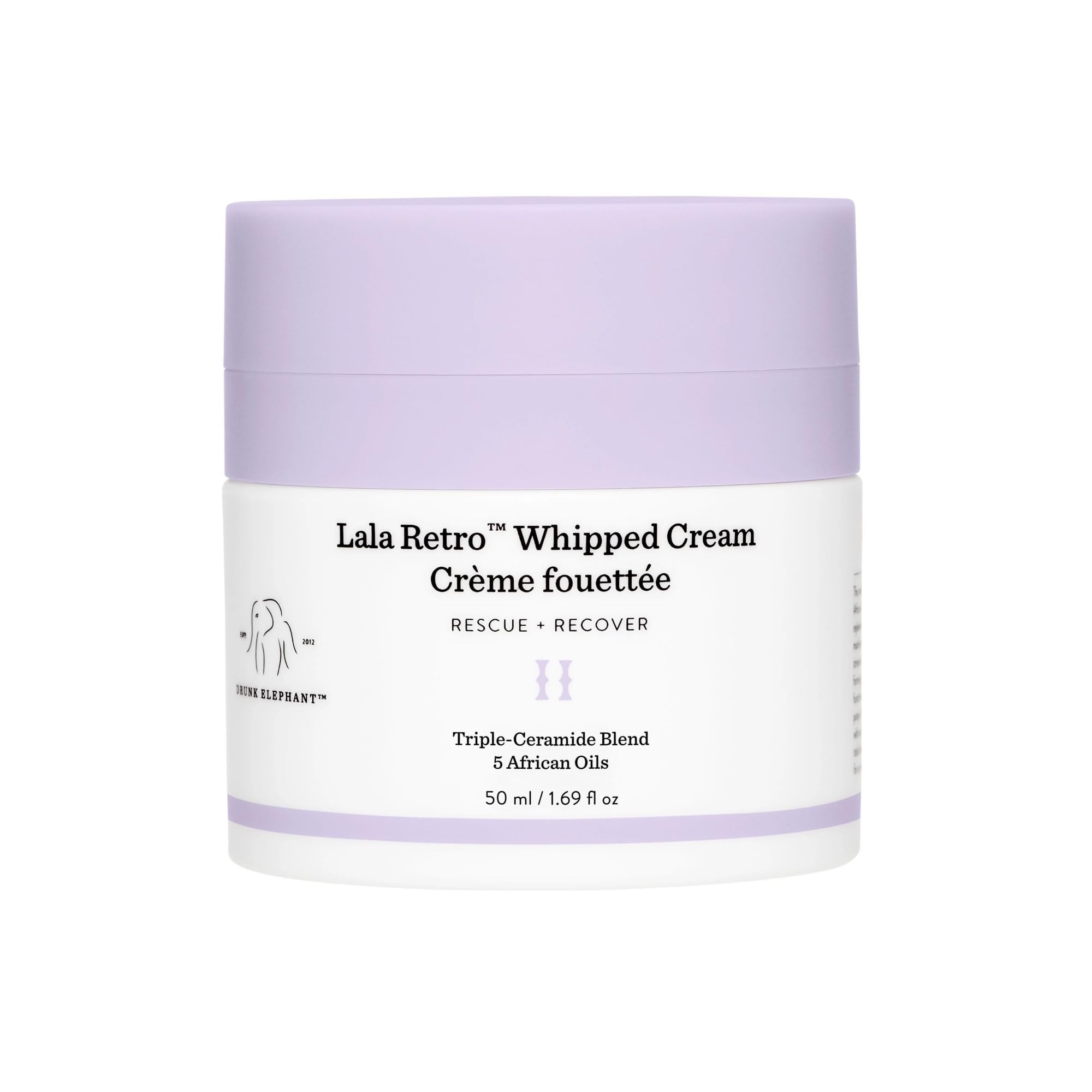 Drunk Elephant Lala Retro whipped cream bottle shows barrier-supporting ceramides for daily hydration.