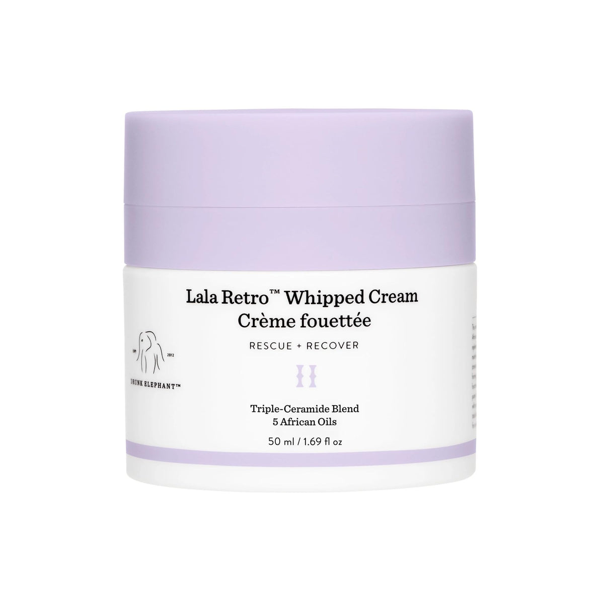 Drunk Elephant Lala Retro whipped cream bottle shows barrier-supporting ceramides for daily hydration.