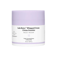 Drunk Elephant Lala Retro whipped cream bottle shows barrier-supporting ceramides for daily hydration.