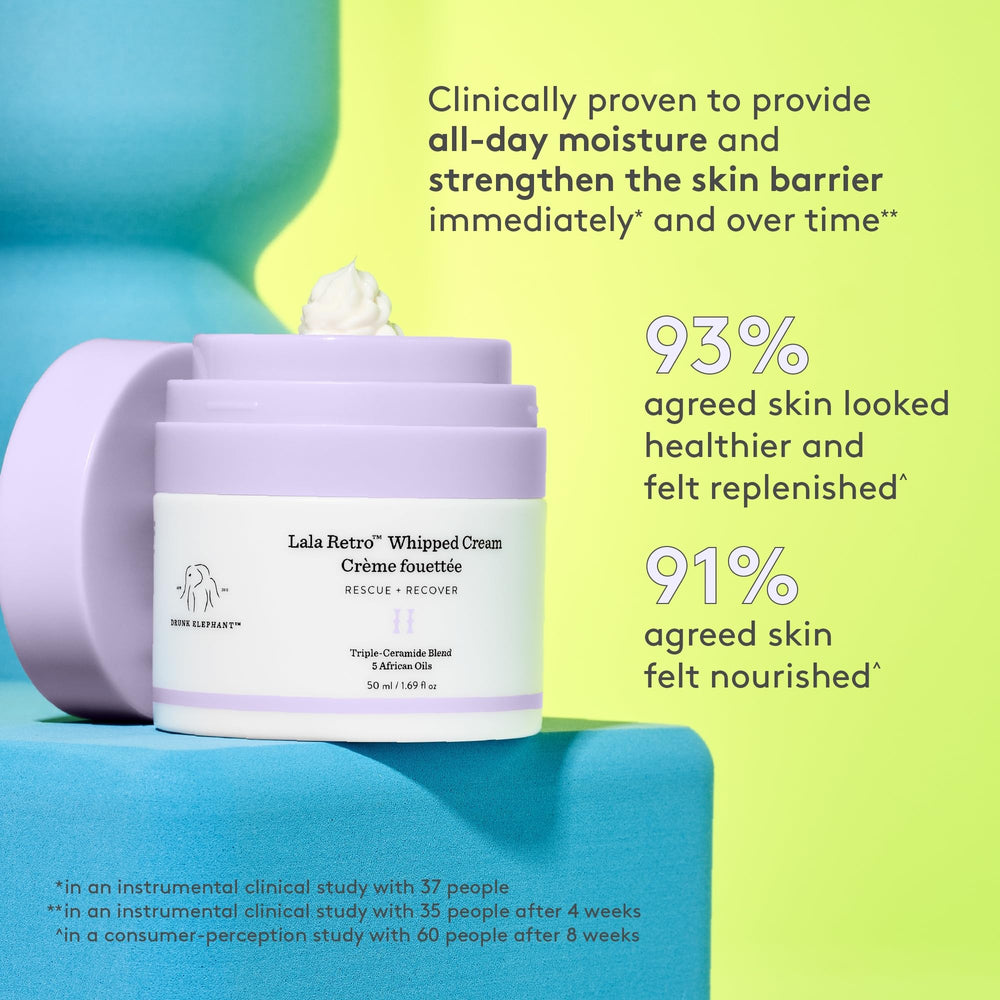 Drunk Elephant packaging on countertop signals convenient daily moisturizer.