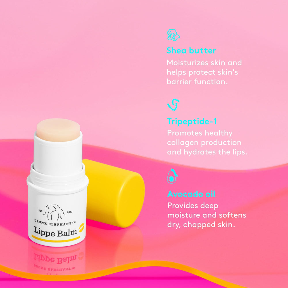 Drunk Elephant Lippe Balm on lips displays barrier-softening hydration