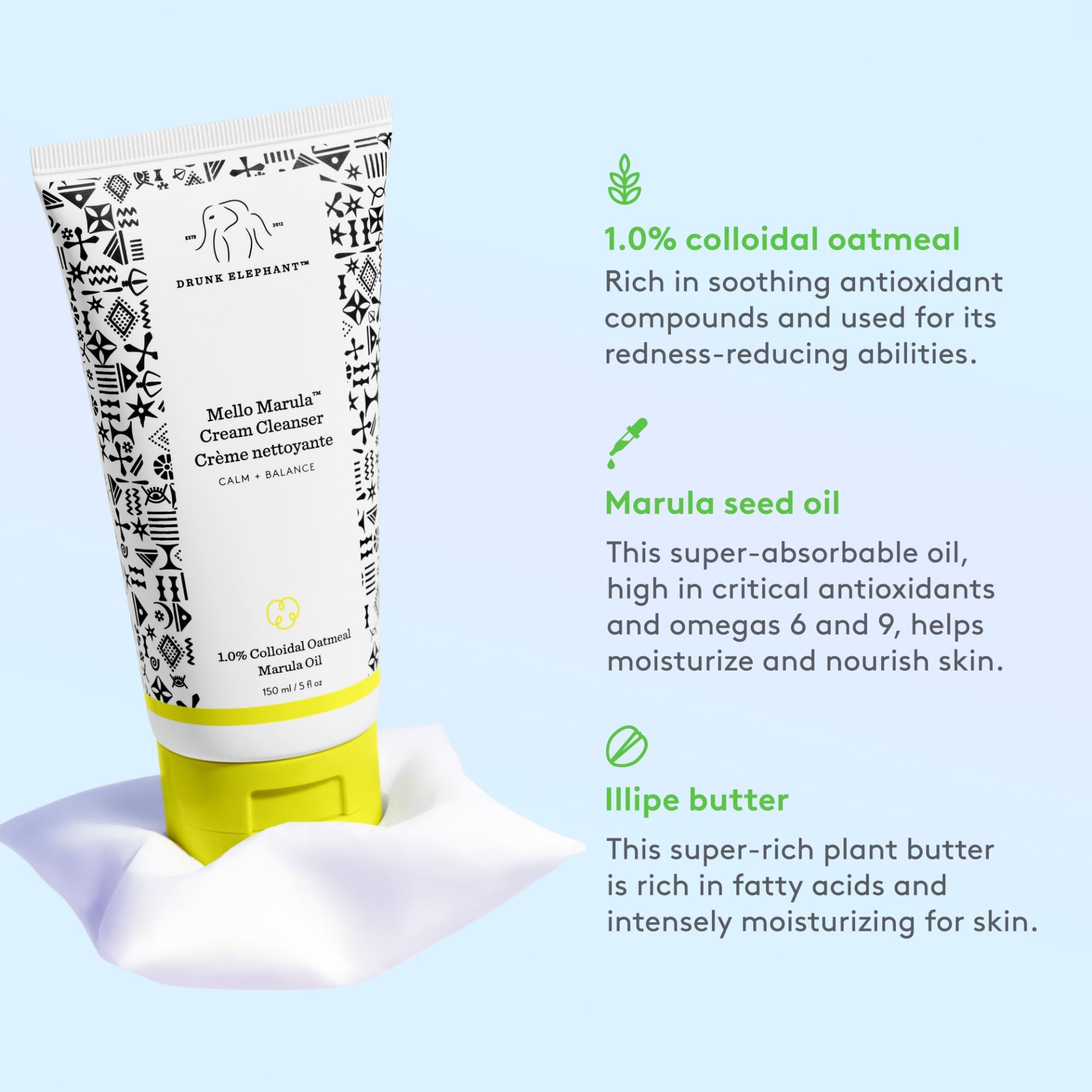 Drunk Elephant Marula seed oil and shorea butter visuals hinting at skin nourishment and moisture.