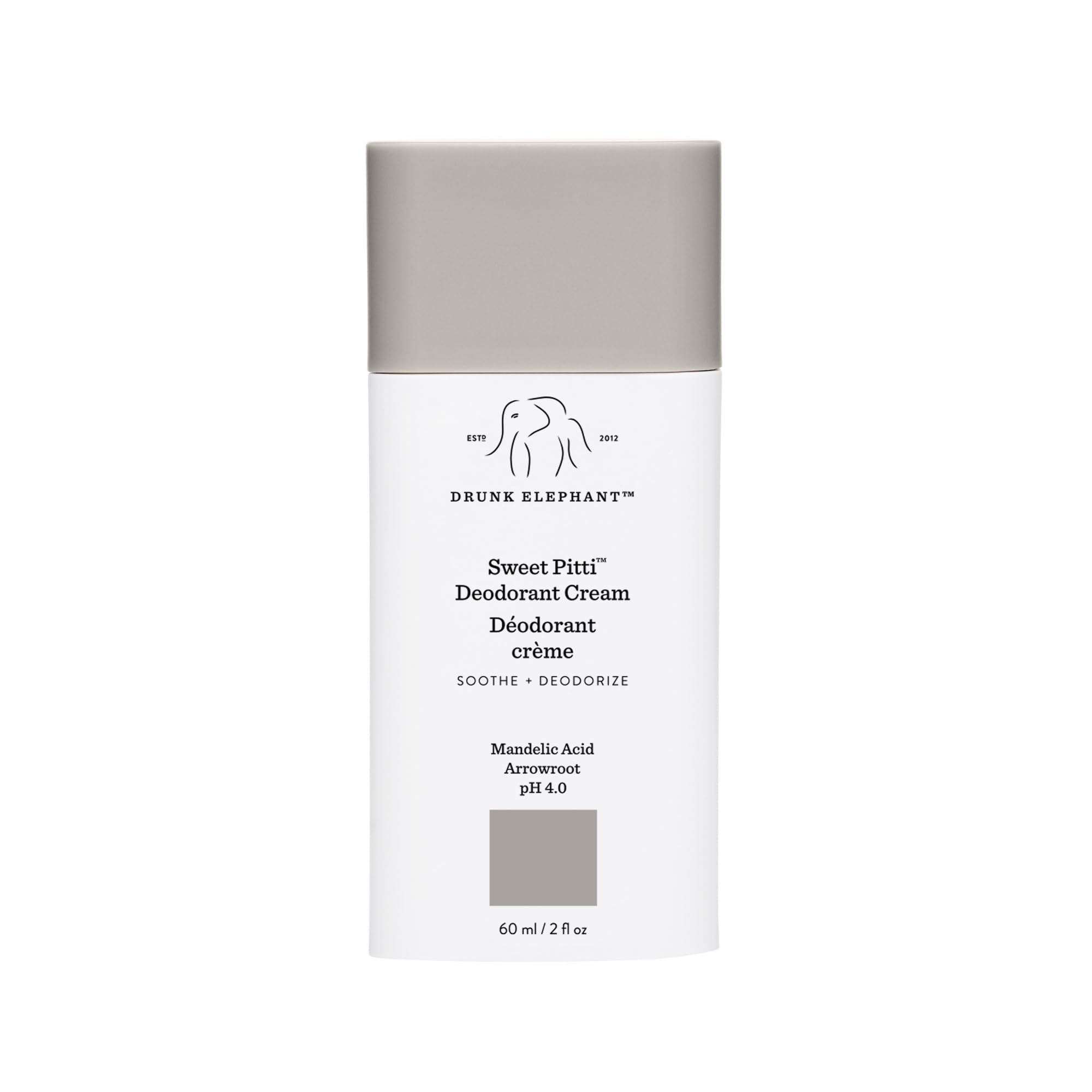 Drunk Elephant Sweet Pitti Deodorant Cream tube closeup showing smooth texture for daily care