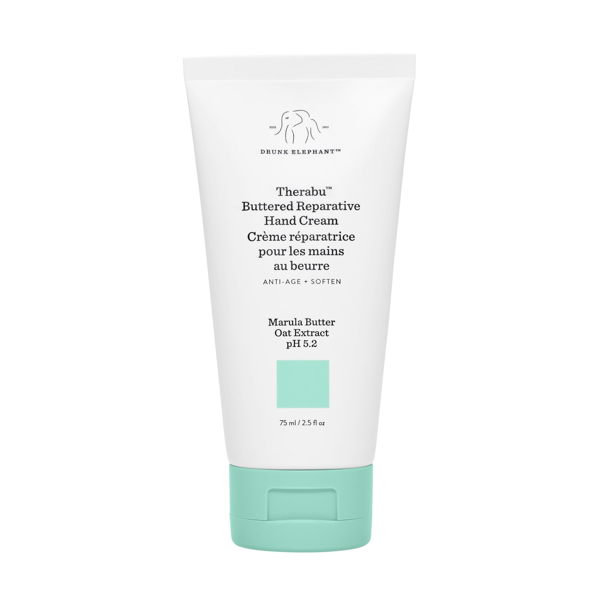 Drunk Elephant Therabu Buttered Hand Cream jar delivers long-lasting moisture for dry hands.