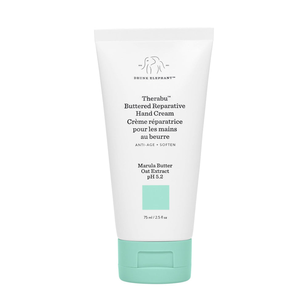 Drunk Elephant Therabu Buttered Hand Cream jar delivers long-lasting moisture for dry hands.