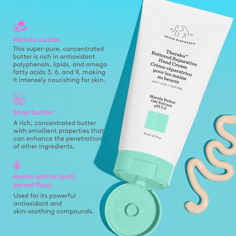 Packaging shot reveals Drunk Elephant Therabu Buttered Hand Cream’s clean, clinical design.