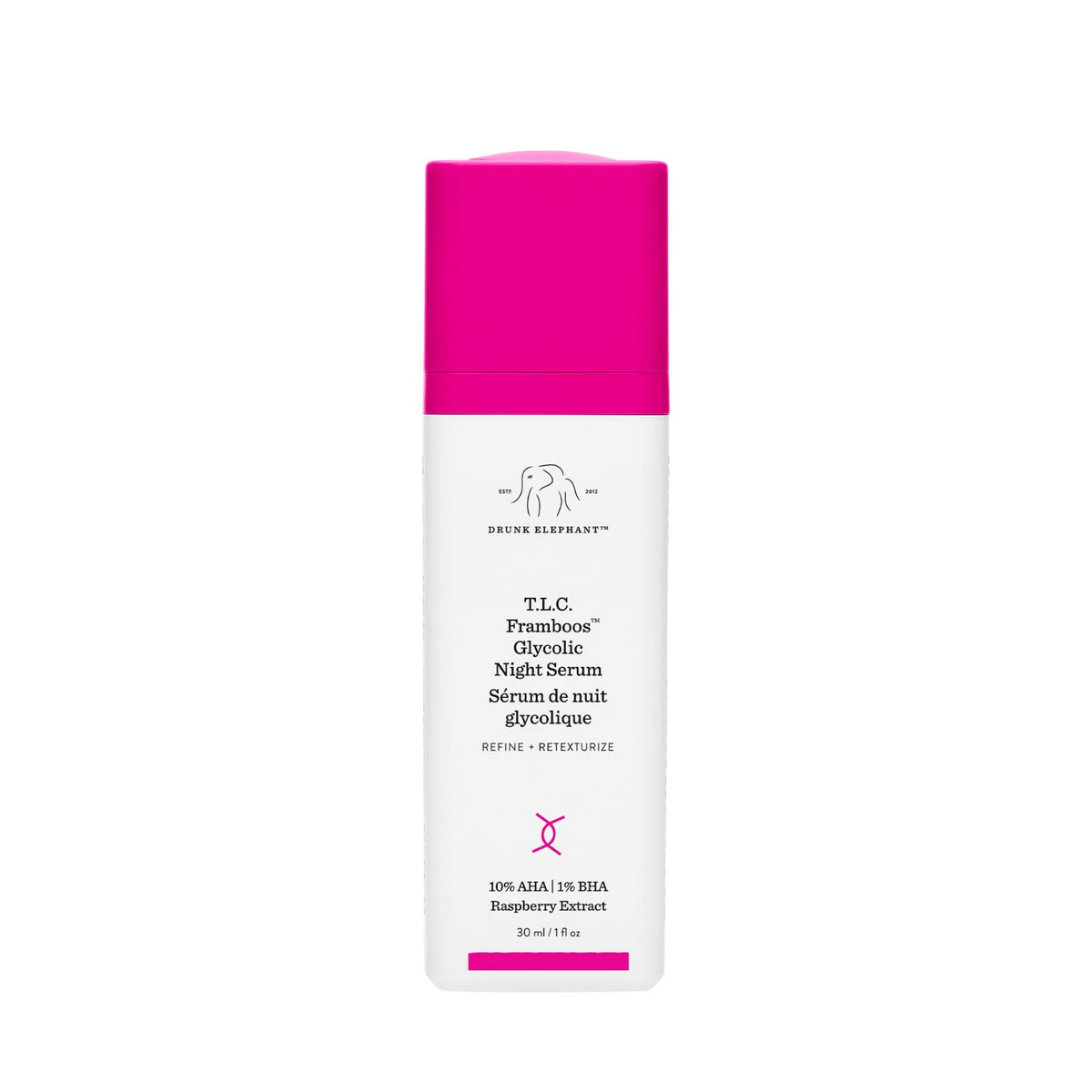 Drunk Elephant TLC Framboos serum bottle closeup highlighting gel exfoliation formula.