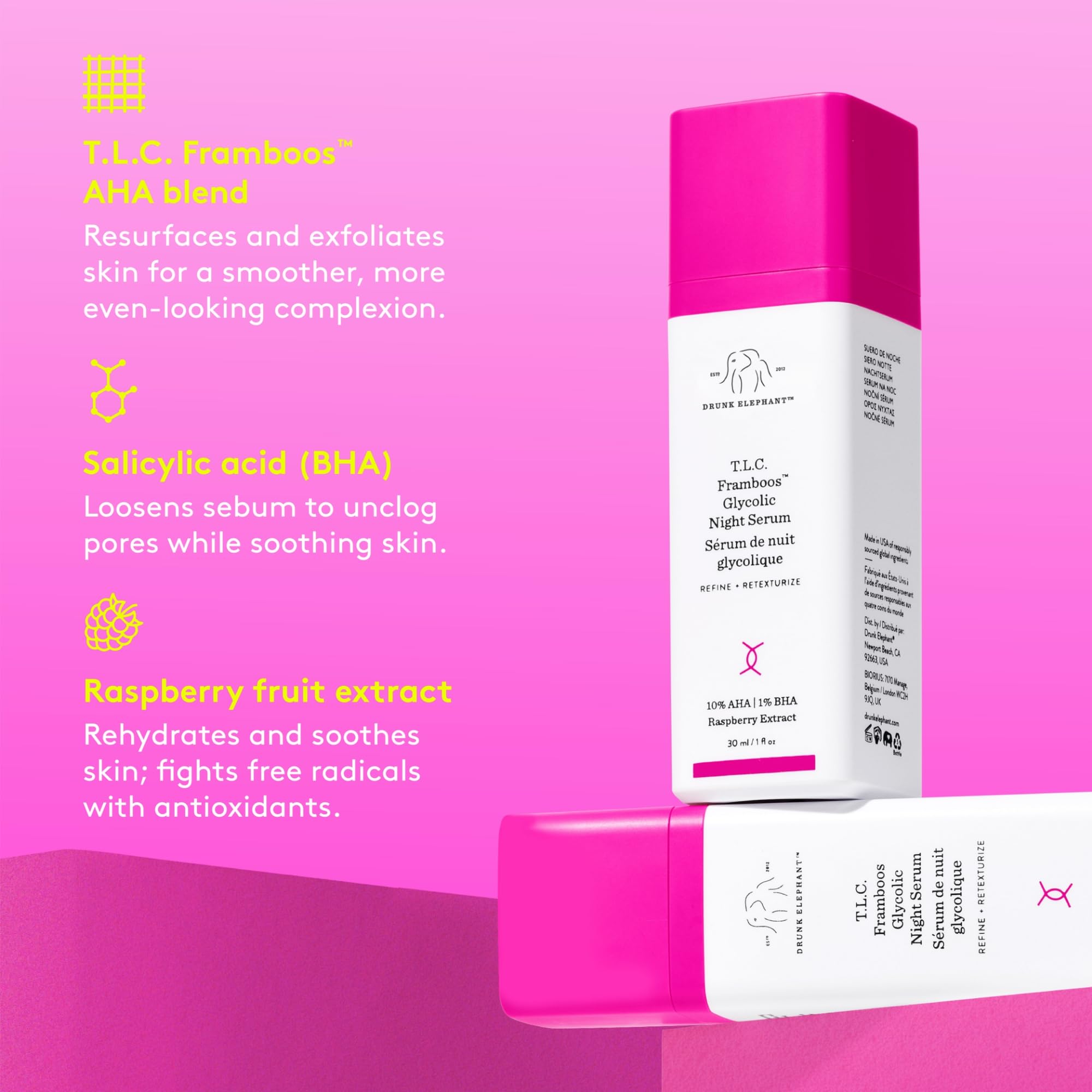Drunk Elephant TLC Framboos shown in a nighttime routine for clearer skin.