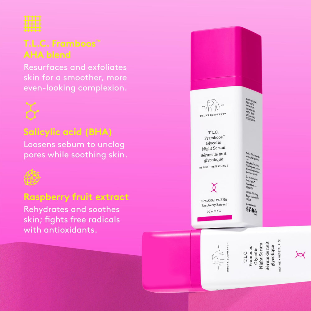 Drunk Elephant TLC Framboos shown in a nighttime routine for clearer skin.
